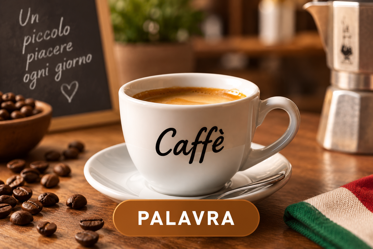 Card mostrando a palavra em italiano: Caffè
