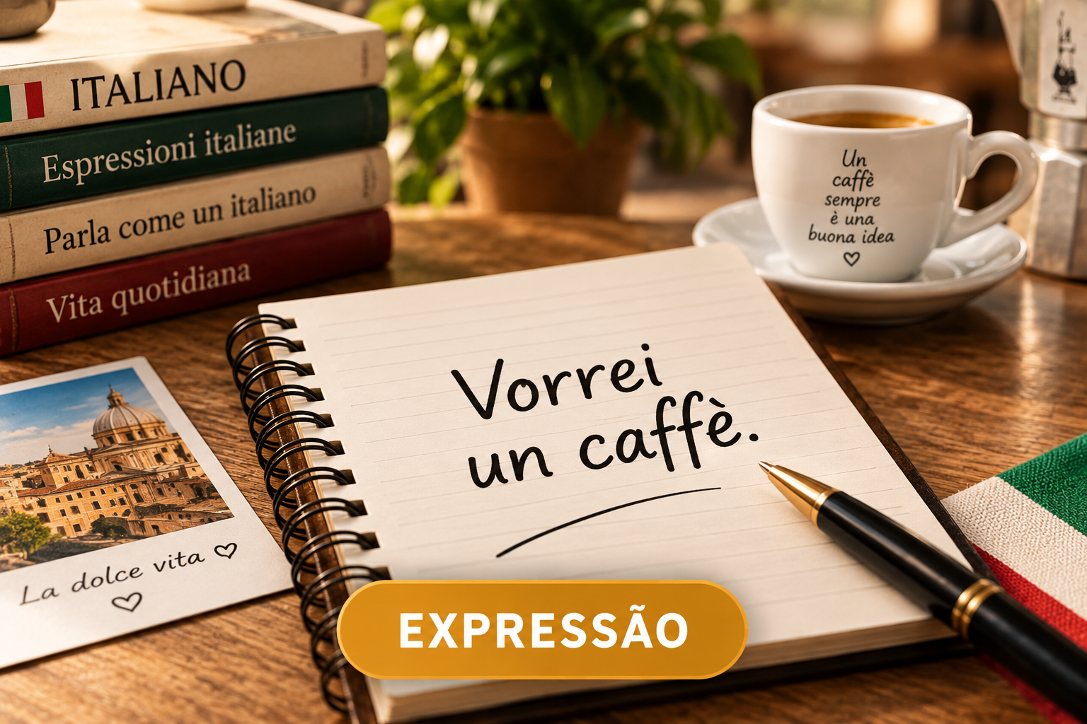 Card mostrando a expressão: Vorrei un caffè