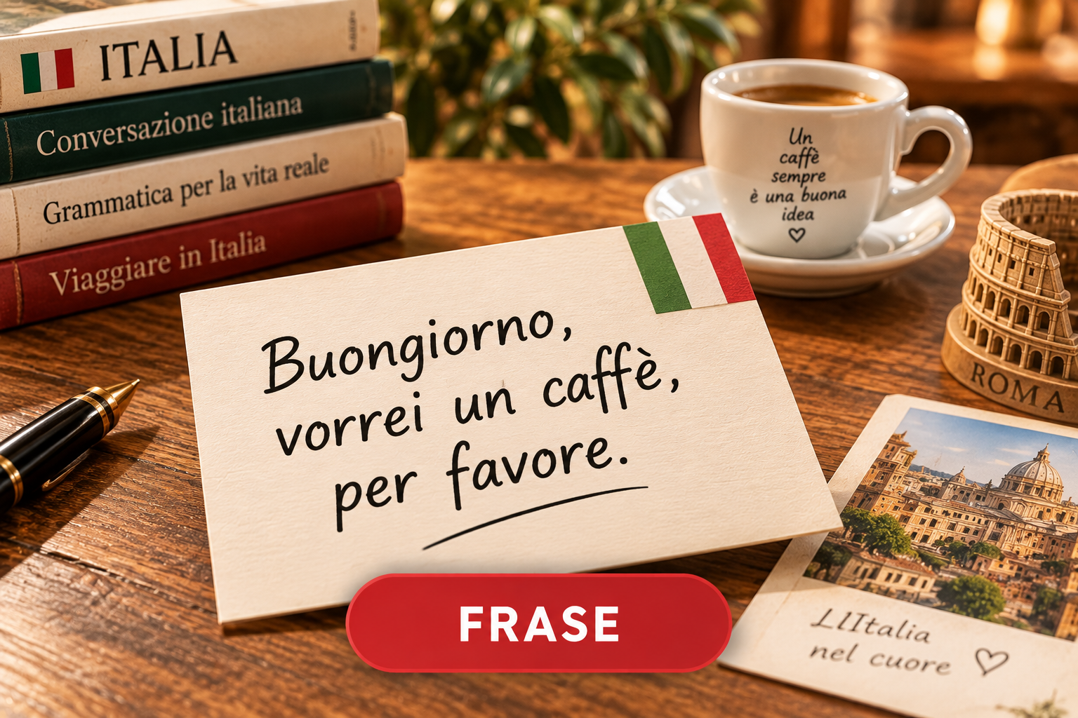 Card mostrando a frase: Buongiorno, vorrei un caffè, per favore