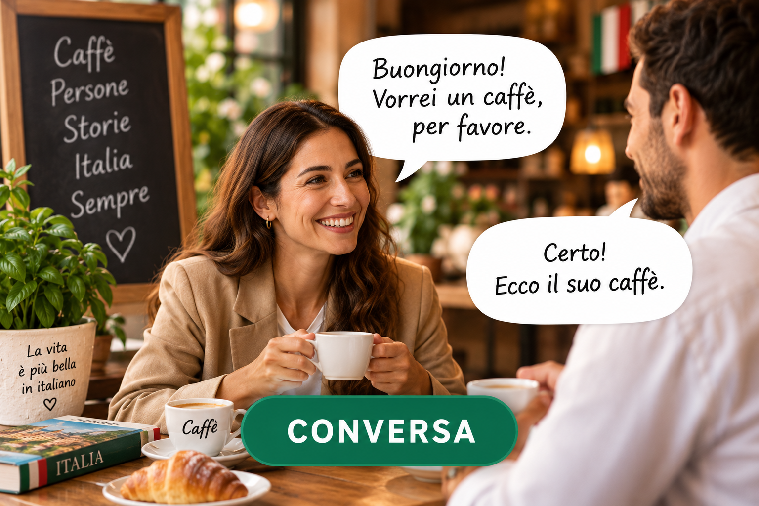 Card mostrando uma conversa completa pedindo um café em italiano