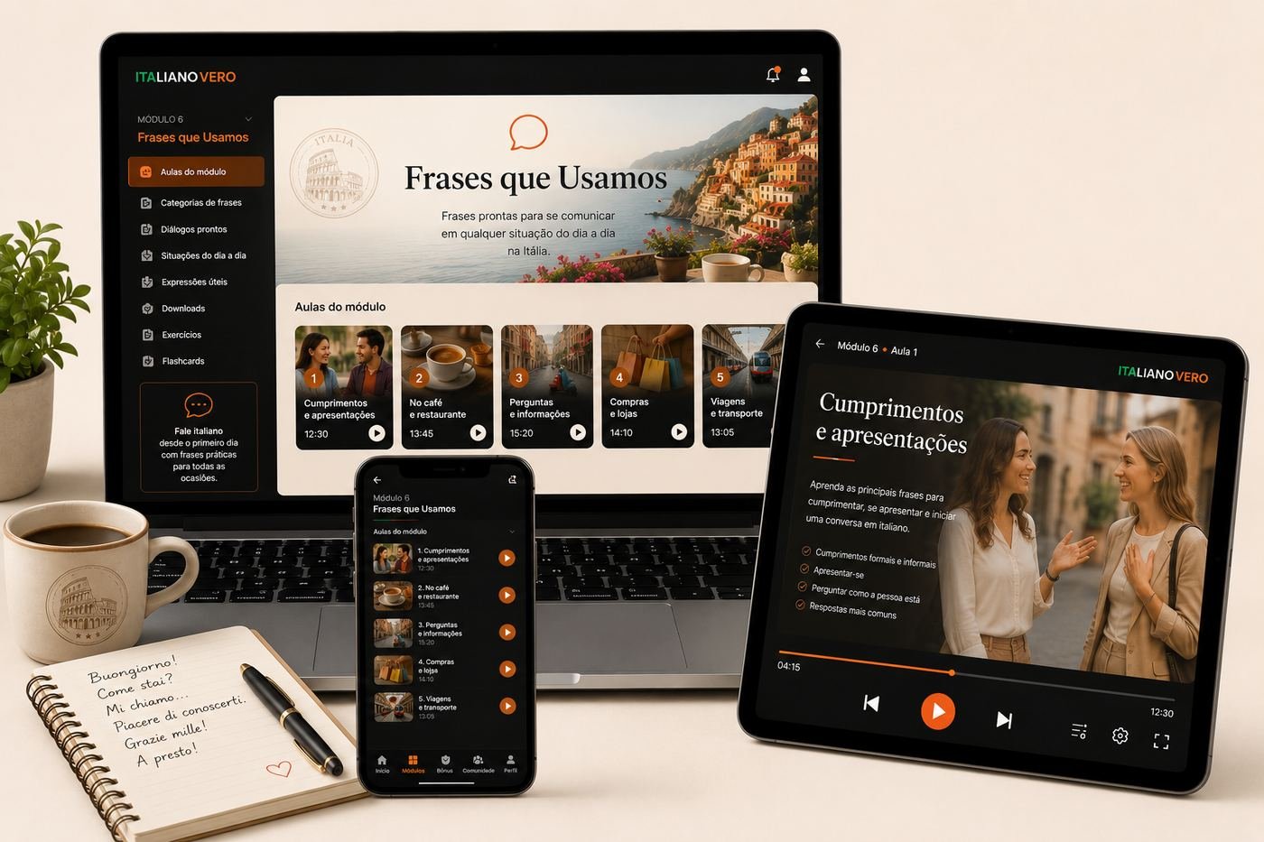 Plataforma Italiano Vero — módulo de frases que usamos, no computador, tablet e celular