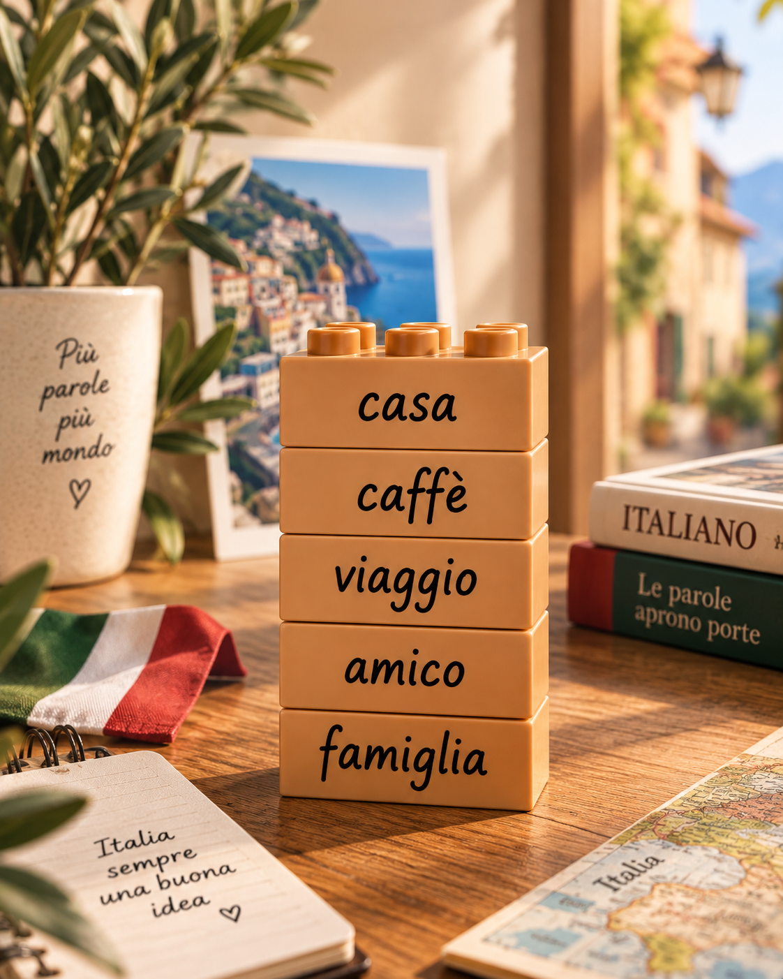 Blocos LEGO com as palavras casa, caffè, viaggio, amico e famiglia