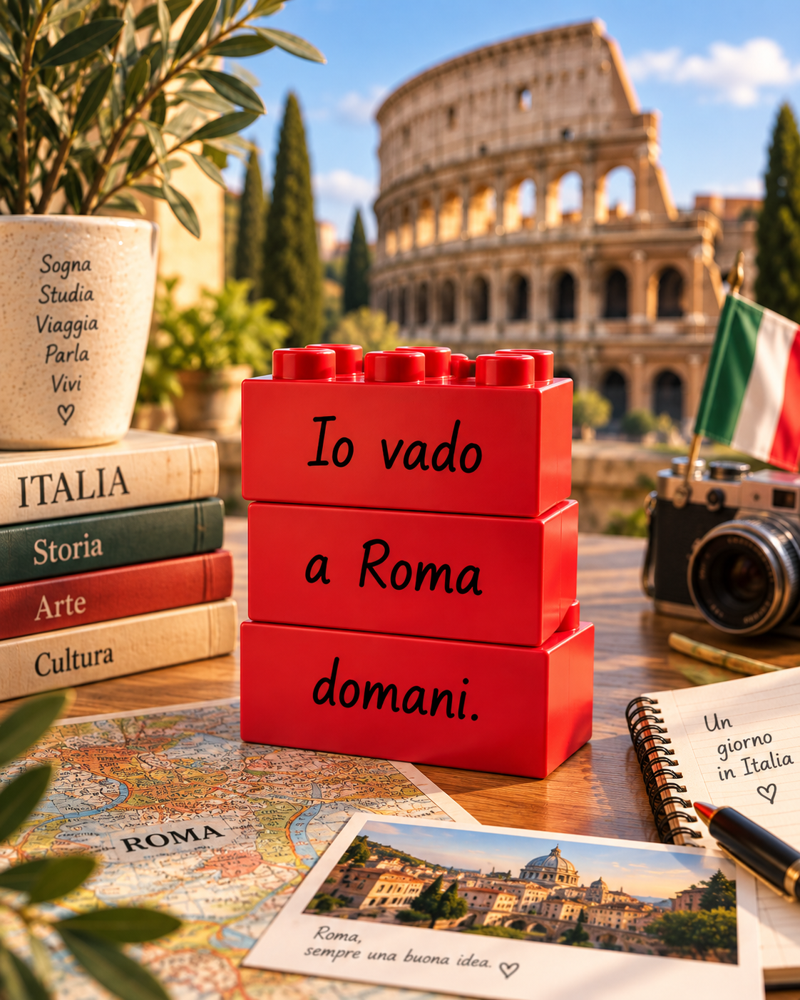 Blocos LEGO com a frase Io vado a Roma domani, com o Coliseu ao fundo