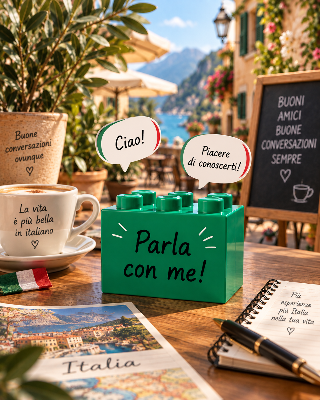 Bloco LEGO verde com Parla con me e balões de conversa em um terraço na Itália